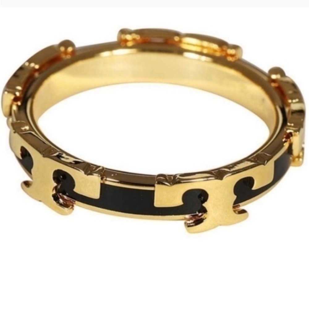 Tory Burch Logo T Serif Black Enamel Ring 7 new